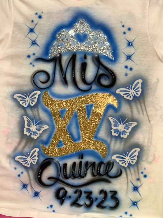 Double sided Airbrush w/ Glitter Vinyl Quinceanera Butterfly Theme Shirt